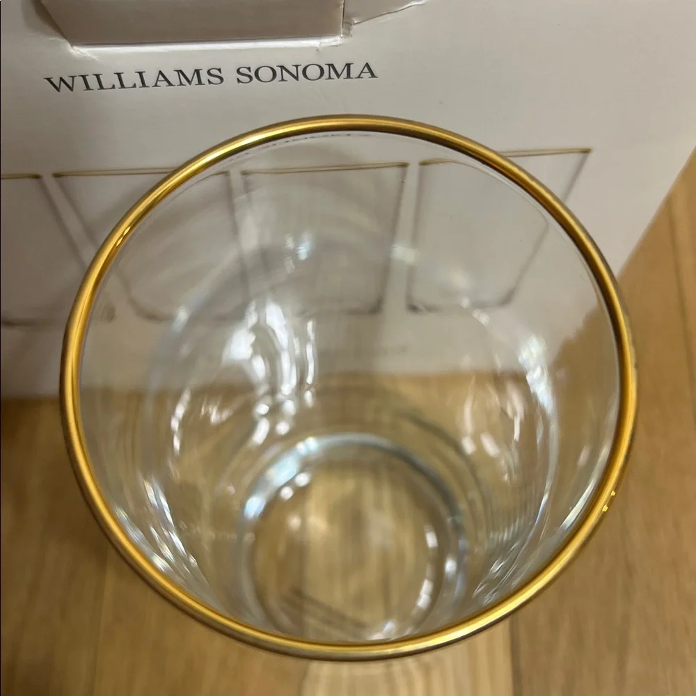 NEW Williams Sonoma Clear Highball Glasses with 24k Gold Rim detail, Set of 4